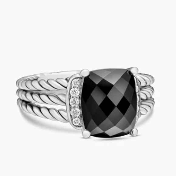 David Yurman Petit Wheaten Black Onyx, Diamond, and Silver Ring - Picture 1 of 8